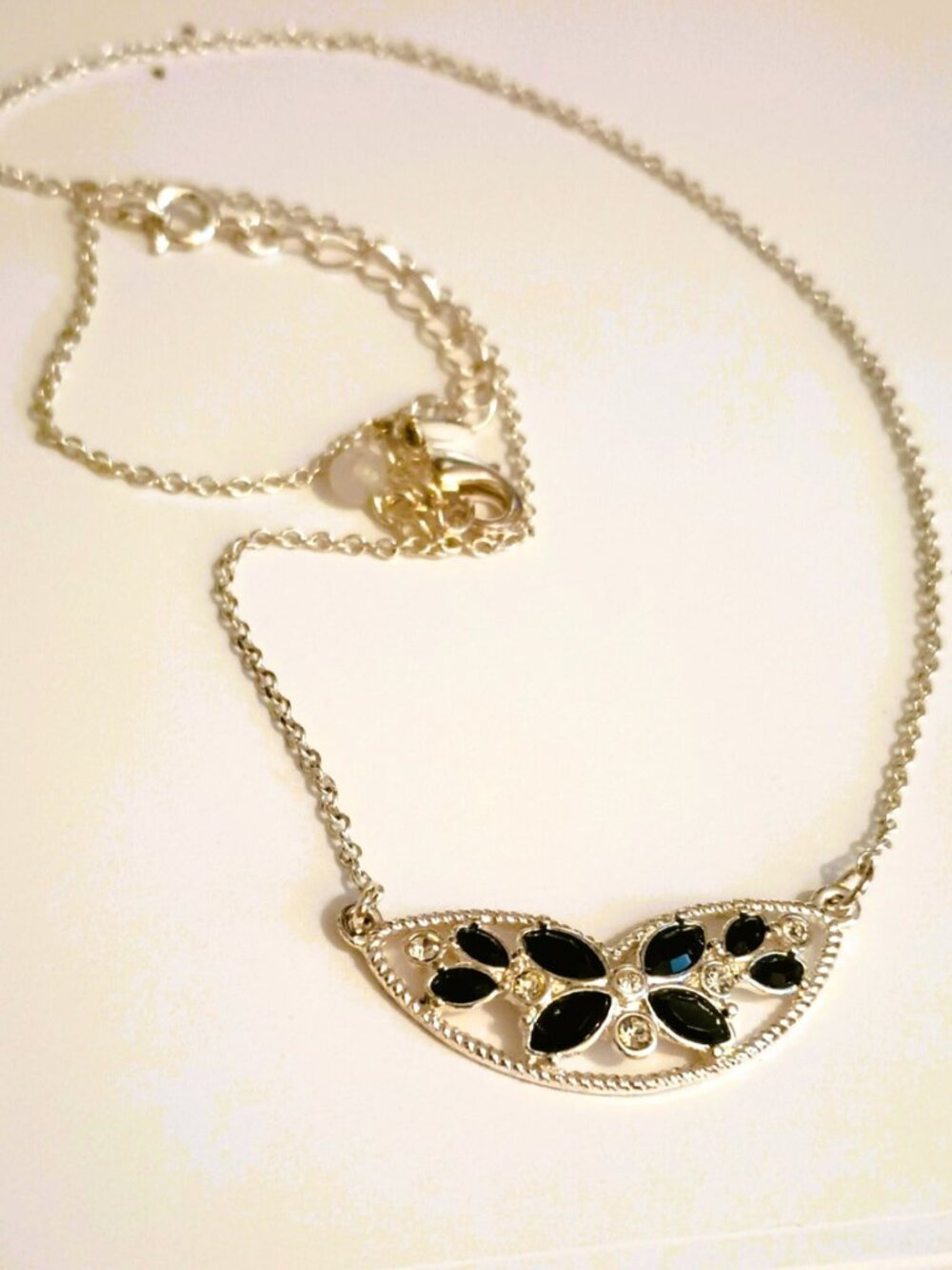 Avon Black Silver Flower Necklace 18" Dainty Open Work Pendant Jewelry